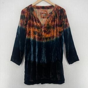 KYLA SEO Tunic XL Velour Velvet Tie Dye Top Split Neck 3/4 Sleeve Brown Blue